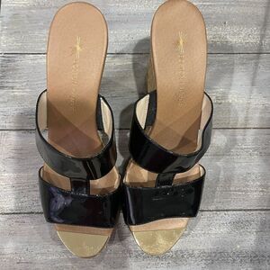 Boston Proper Cork Wedge Heels Size 8.5 M Patent Faux Leather Gold Toe Club